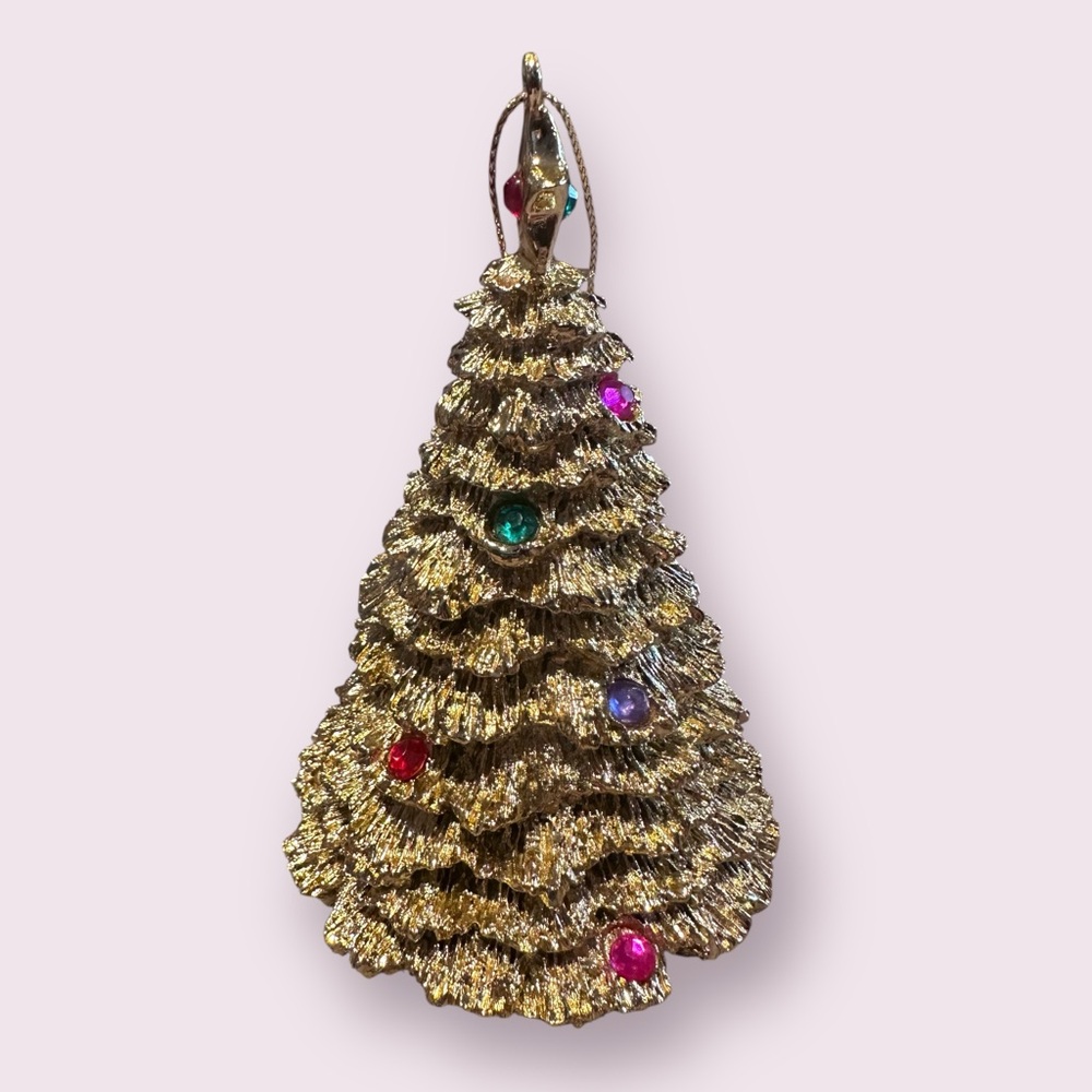 Avon 1996 Gold Tone Textured Christmas Tree Ornament With Rhinestone Accents - Picture 9 of 9
